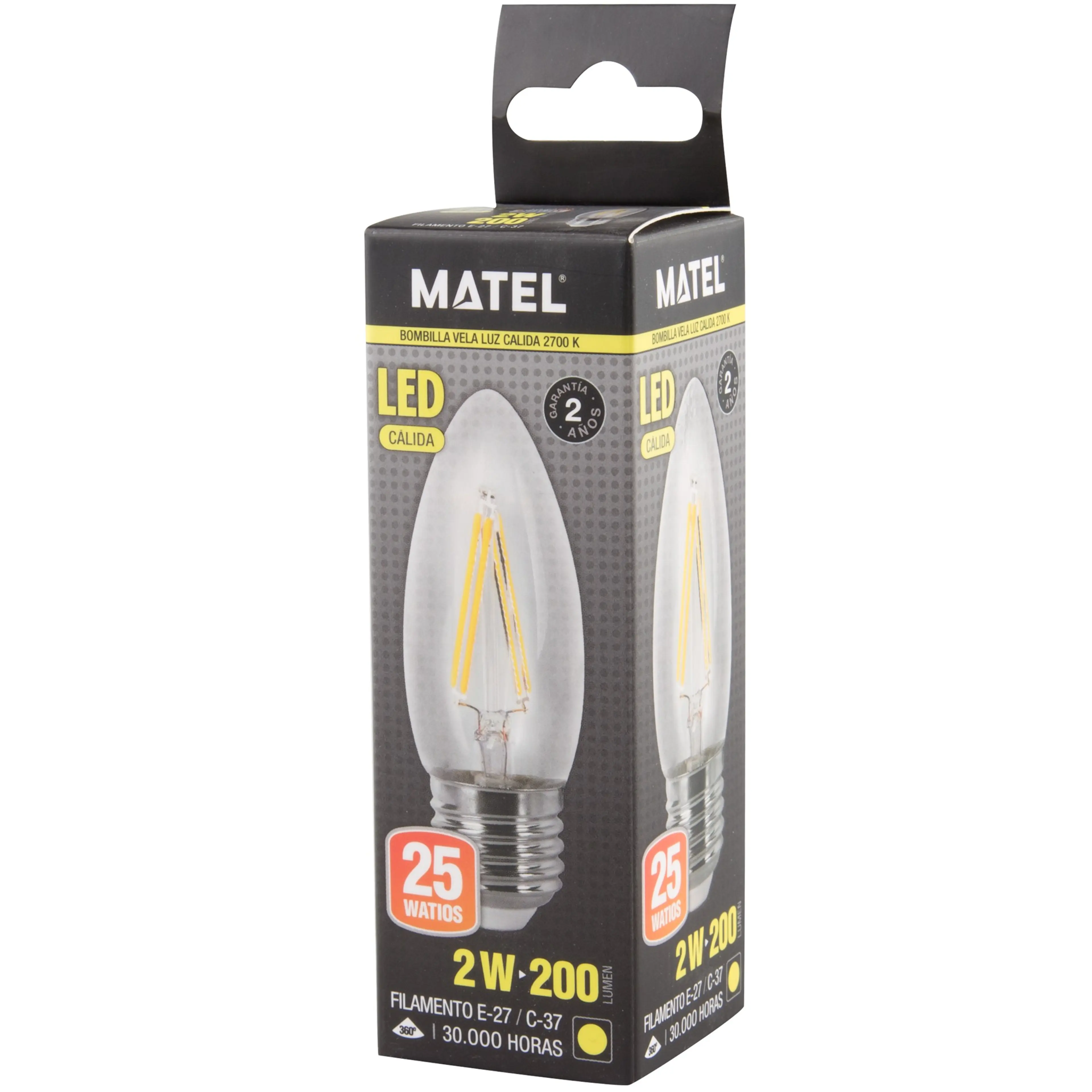 BOMBILLA LED FILAMENTO VELA E27 2W