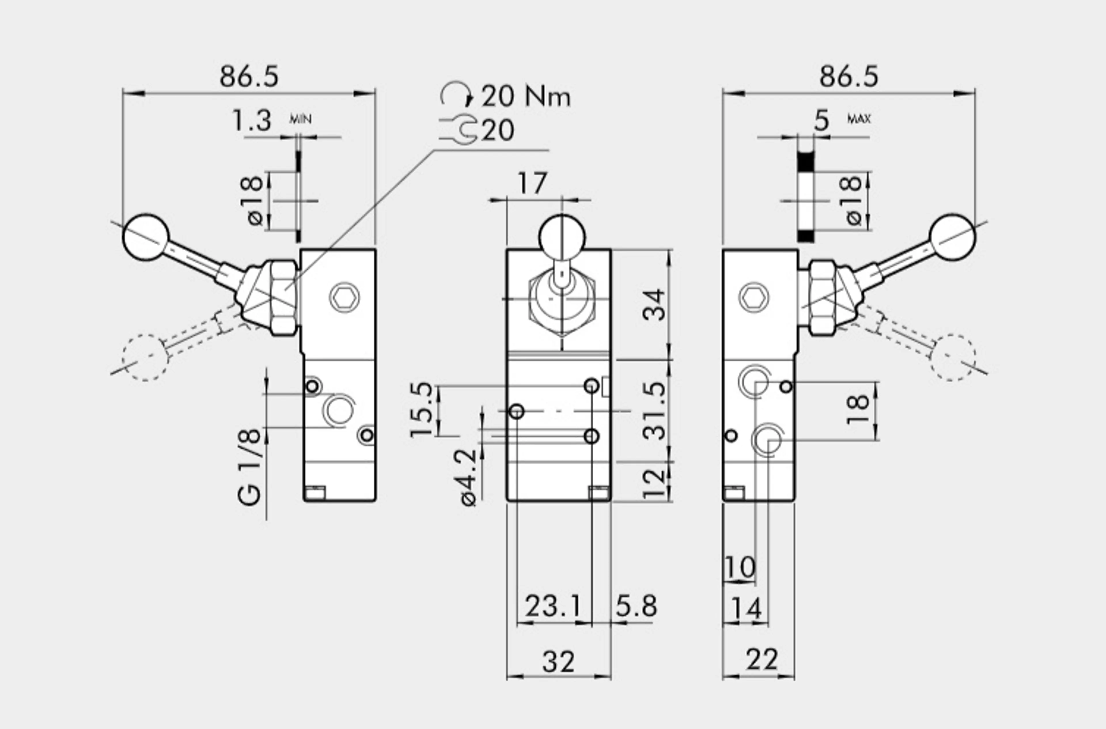 VALV. MAN. PAL. 90º 3/2V 1/8" C/ENC