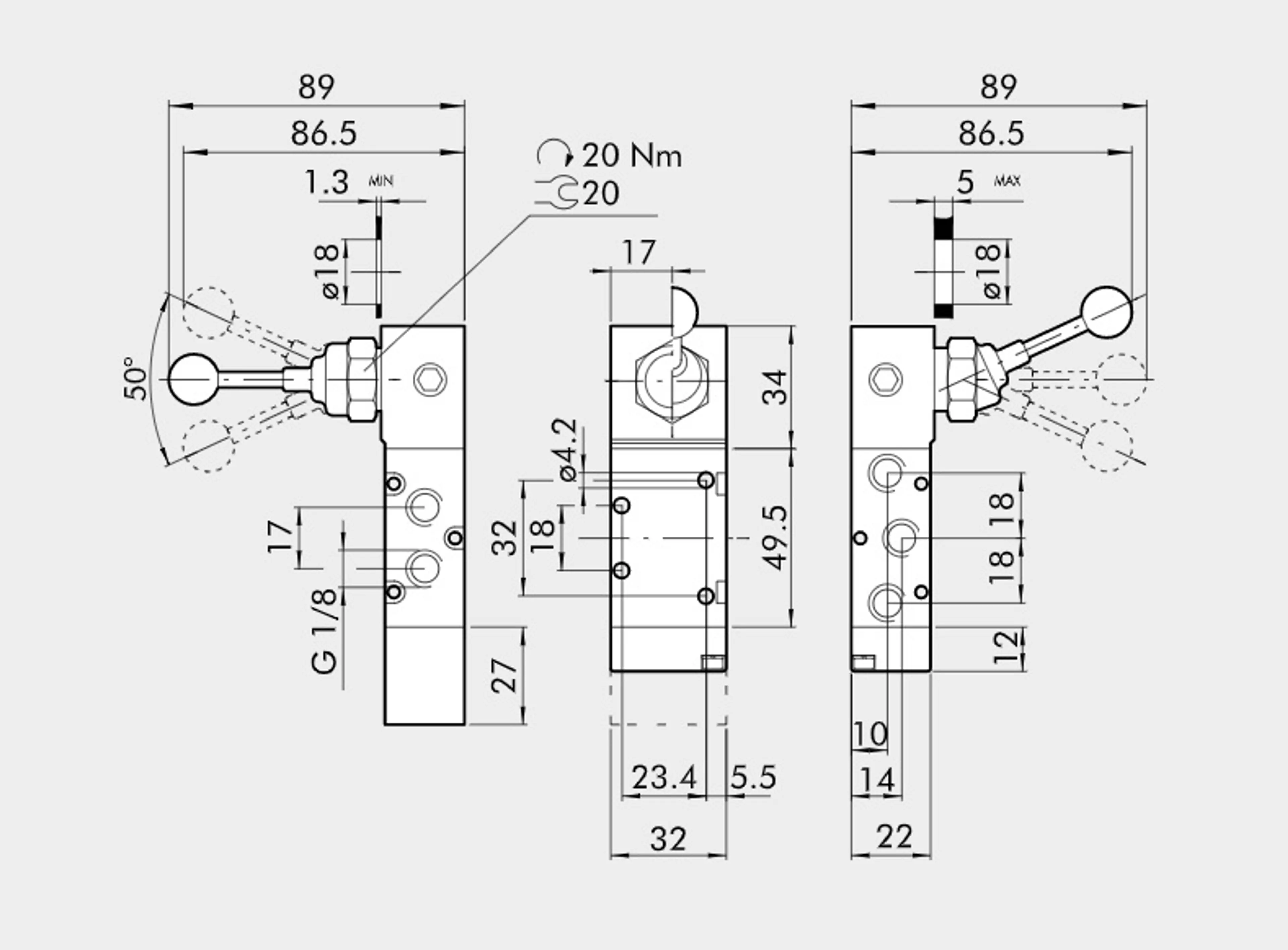 VALV. MAN. PAL. 90º 5/3V 1/8" P-A-B